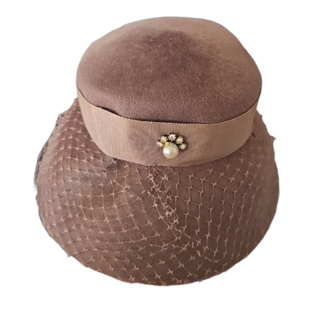 1950s Glenover Henry Pollack Wool Veiled Hat Mocha Brown Vintage Pillbox Bridal